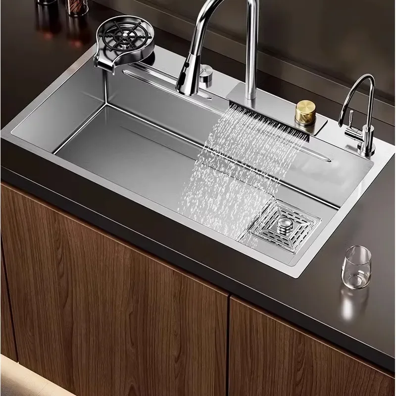 Nano 304 Stainless Steel Kitchen Sink Large Single Bowl Waterfall Faucet Vegetable Basin Household Dishwashing Sink