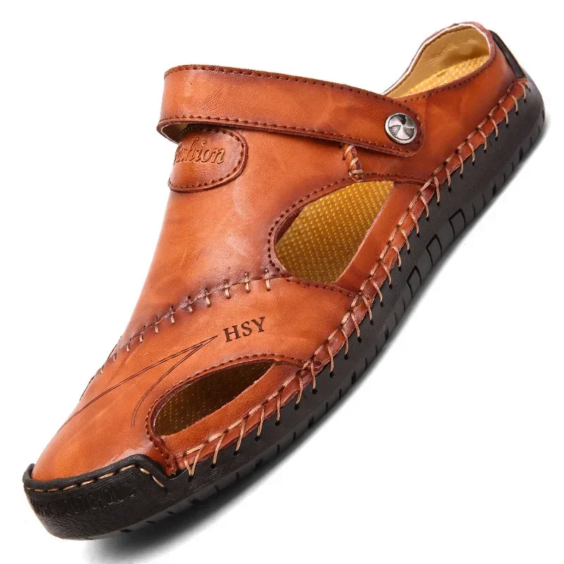 Baotou-Sandales en cuir véritable pour hommes, pantoufles d\'été pour hommes, confortables, tendance, à enfiler, sandales de trekking décontractées