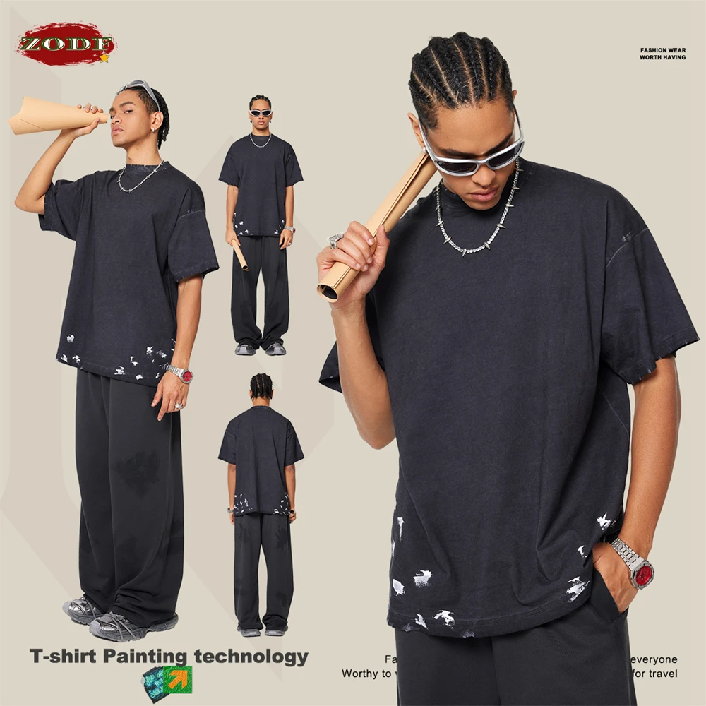 ZODF Chic Men Heavy Wieght Washed Cotton T-Shirts Unisex Summer Paint Oversized 310gsm Splash-Ink T Shirt Streetwears HY0806