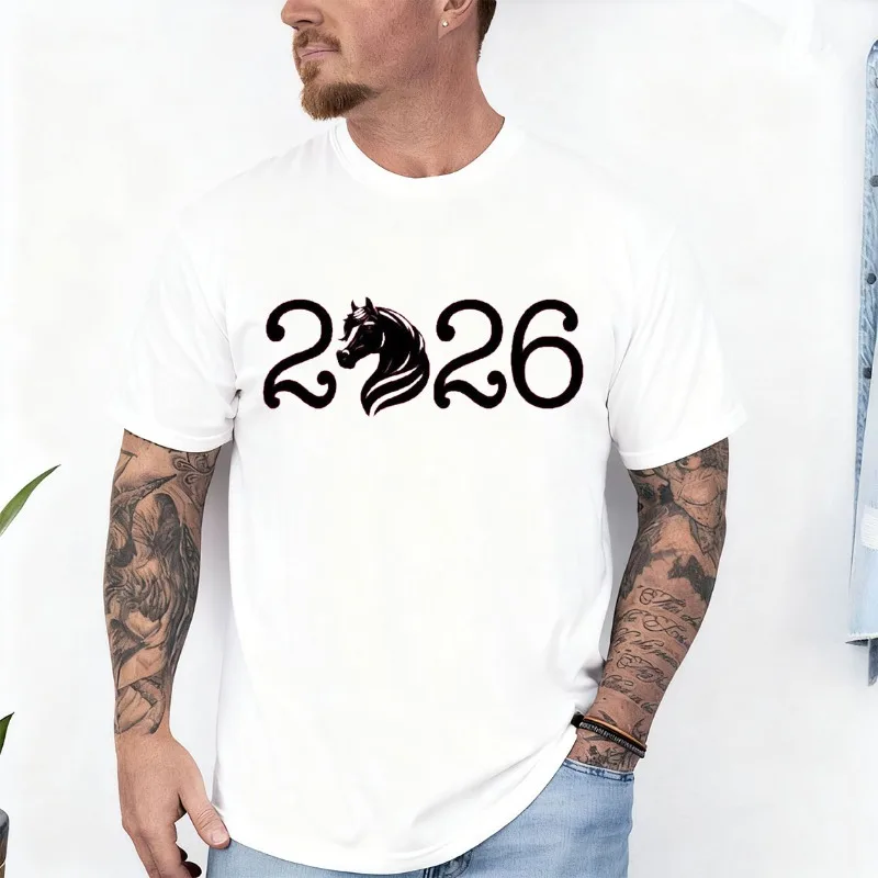 2026 New Years Horse Silhouette Youth T-Shirt Crew Neck Short Sleeve Cotton Top All Seasons Casual Fashion Comfortable Tees