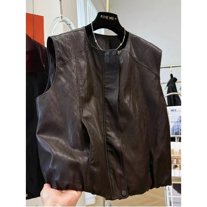 Giacca da donna in PU con scollo tondo vintage a vento, cappotto autunnale senza maniche in ecopelle per donna