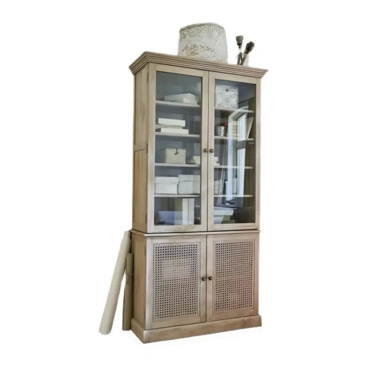 American retro solid wood rattan bookcase living room floor bookcase storage double door glass display dining side cabinet