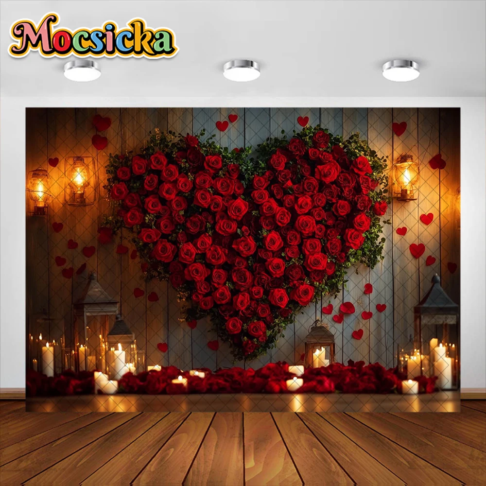 Valentine's Day Photography Background Red Rose Love Wooden Wall Decorative Backdrop Baby Shower Couple Portrait Studio Props