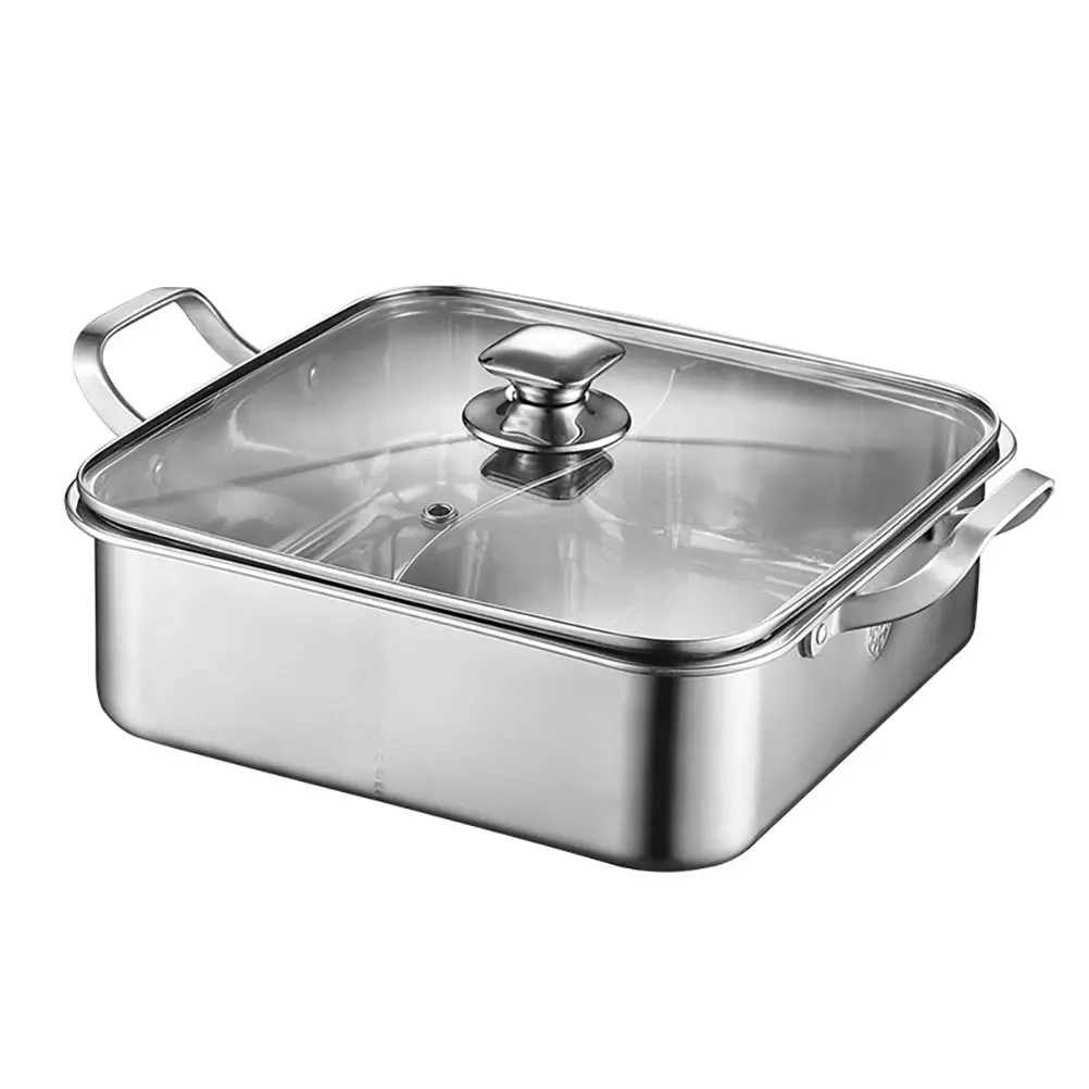 Stainless Steel Divided Hot Pot with Glass Lid Dual Flavor Soup Cooker for Family Gatherings Restaurant Use Two-Compartment