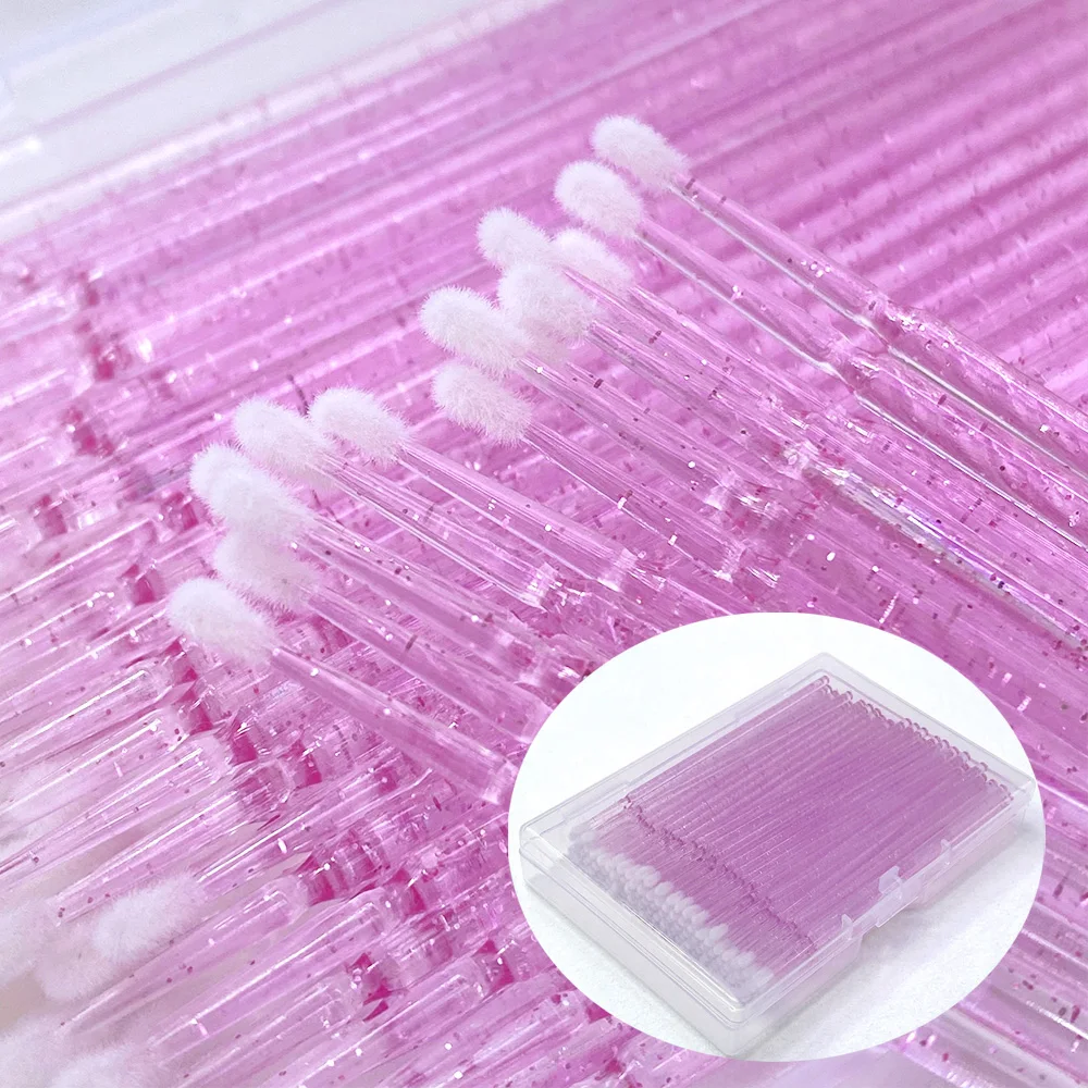 100개입 박스 포장 마이크로 브러쉬 크리스탈 속눈썹 제거 면봉 마이크로브러쉬 마스카라 완드 어플리케이터 메이크업 브러쉬 속눈썹 연장