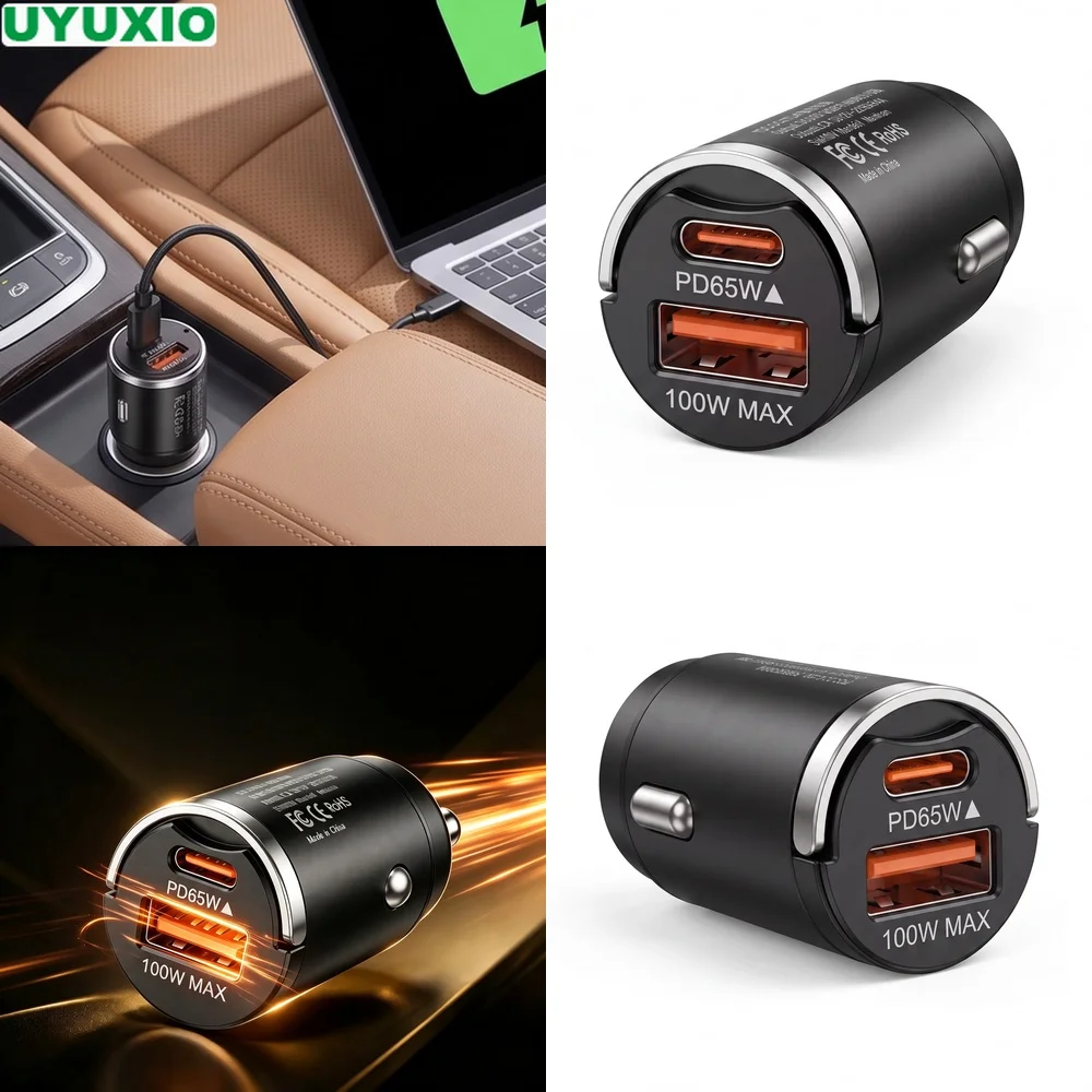 165W Two Port Car Charger USB C 65W and USB A 100W Dual Charging for Business Travel and Commuting Compact Zinc Alloy Metal Body