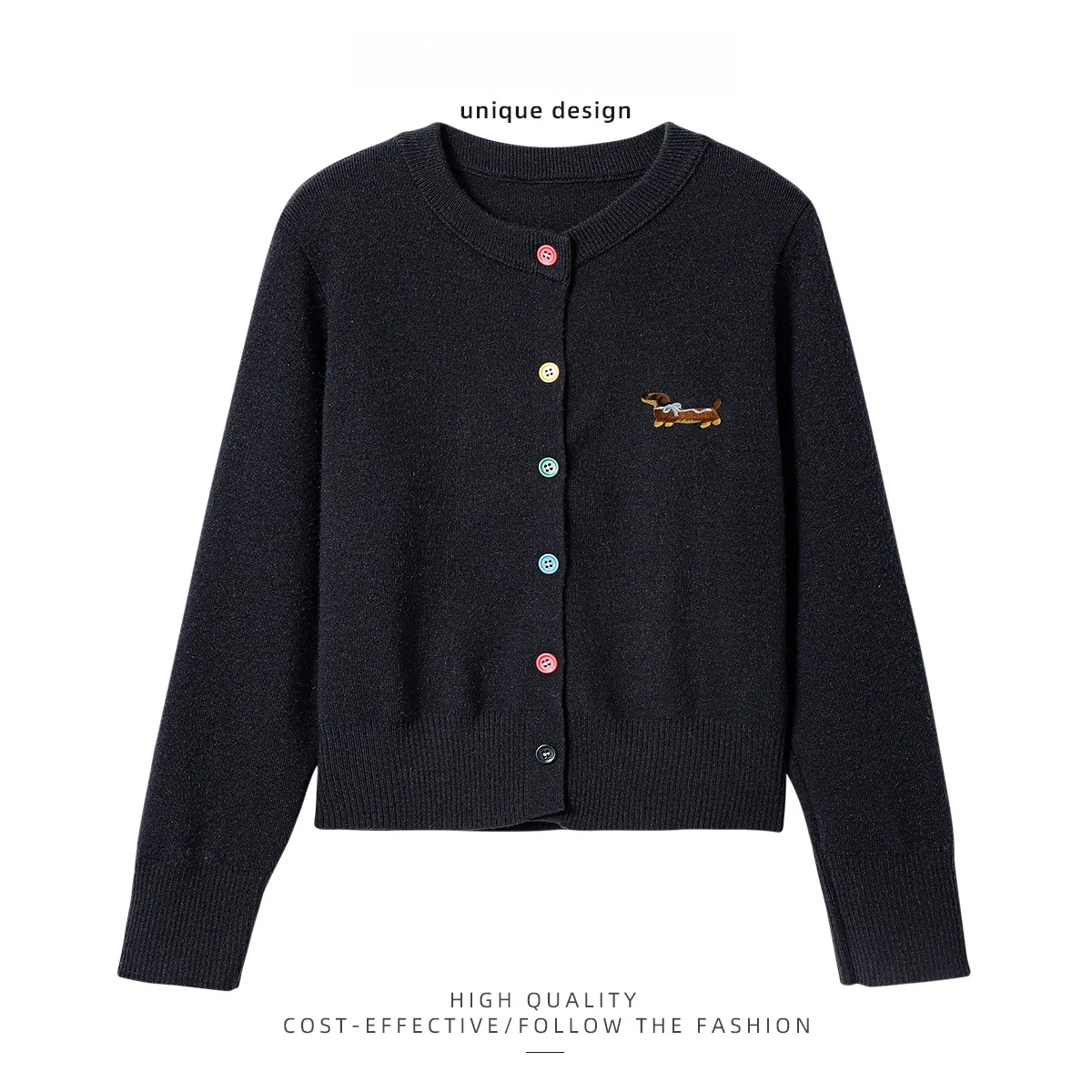 

PAIXIANG Cartoon Sausage Dog Embroidered Knitted Open Cardigan Women's Autumn Winter Loose Slimming round Ne Sweater