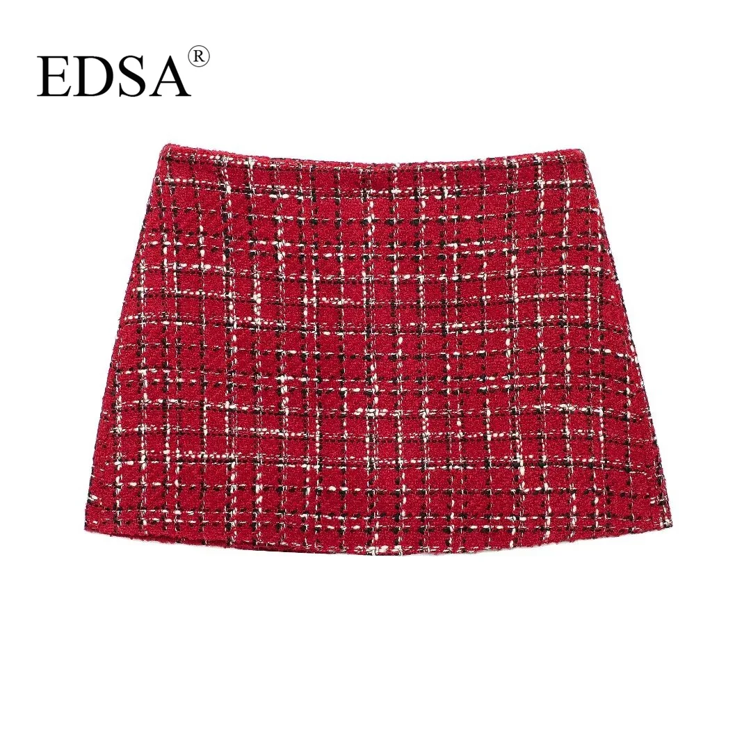 EDSA Women Tweed Skirt Set 2 Pcs Jacket with Shoulder Pads Flap Pockets High Waist Shorts Skirt for Female High Street Suits