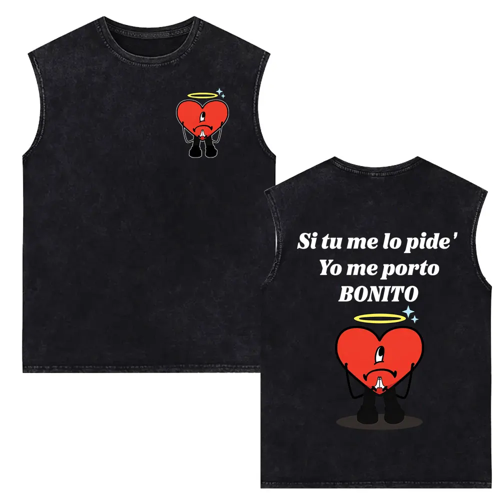 Rapper Bad Bunny Washed Sleeveless Vest T Shirts Debi Tirar Mas Fotos DTMF 2026 T-Shirt Men Women Hip Hop Oversized Tank Tops