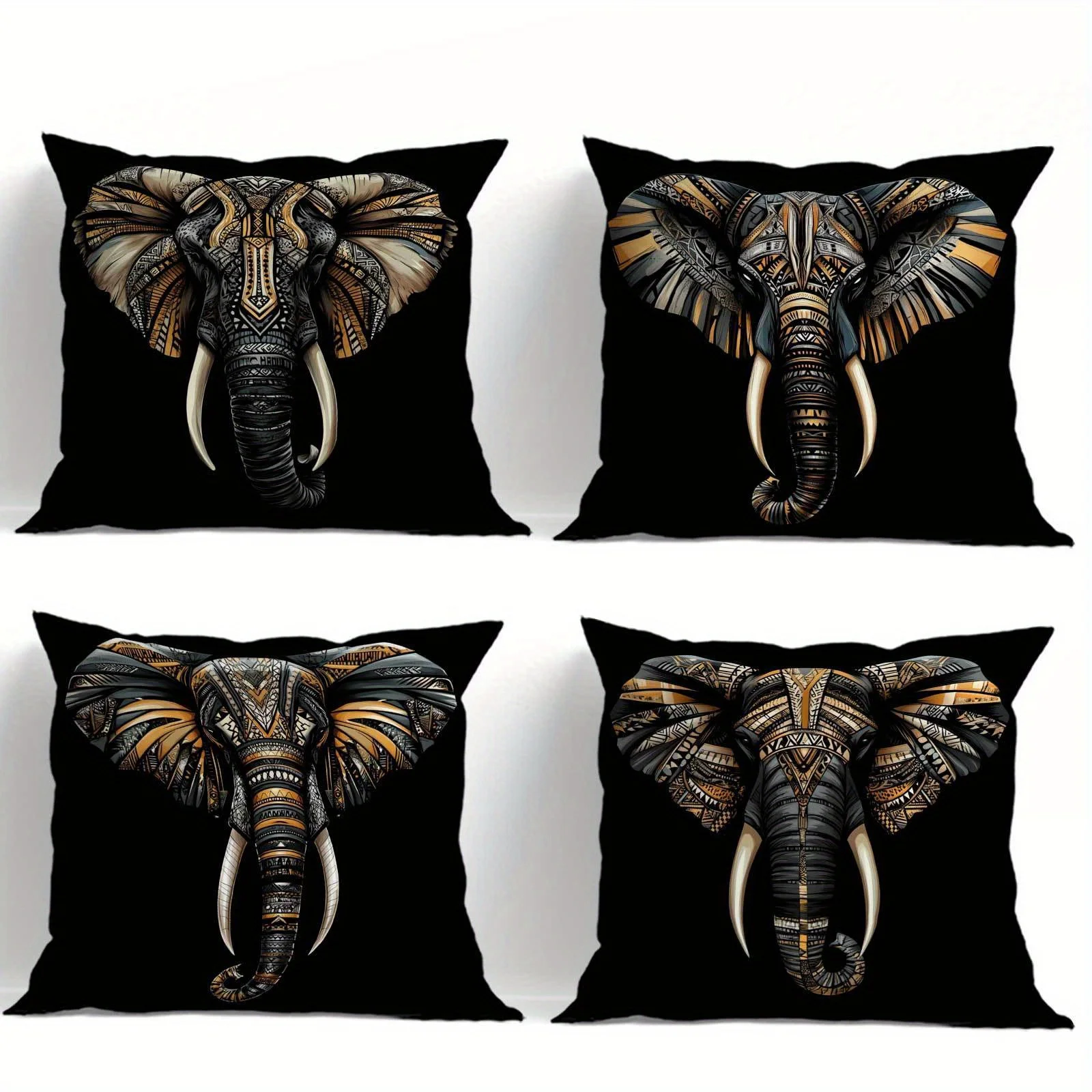 Luxurious Set of 4 Black Gold Elephant Head Print Throw Pillow Covers Cushions 40x40cm Majestic Animal Print Home Decor Accent P