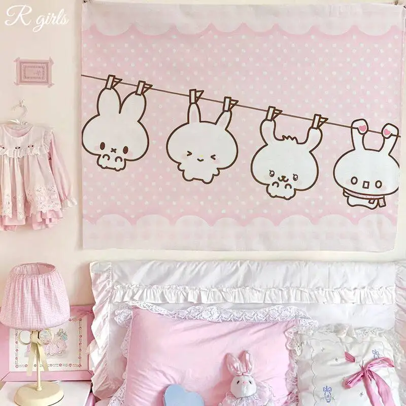Kawaii Hasen-Wandteppich mit Punktmuster, Rosa Pastell-Wandbehang, Niedliche Kaninchen-Wäscheleine-Deko für Kinderzimmer