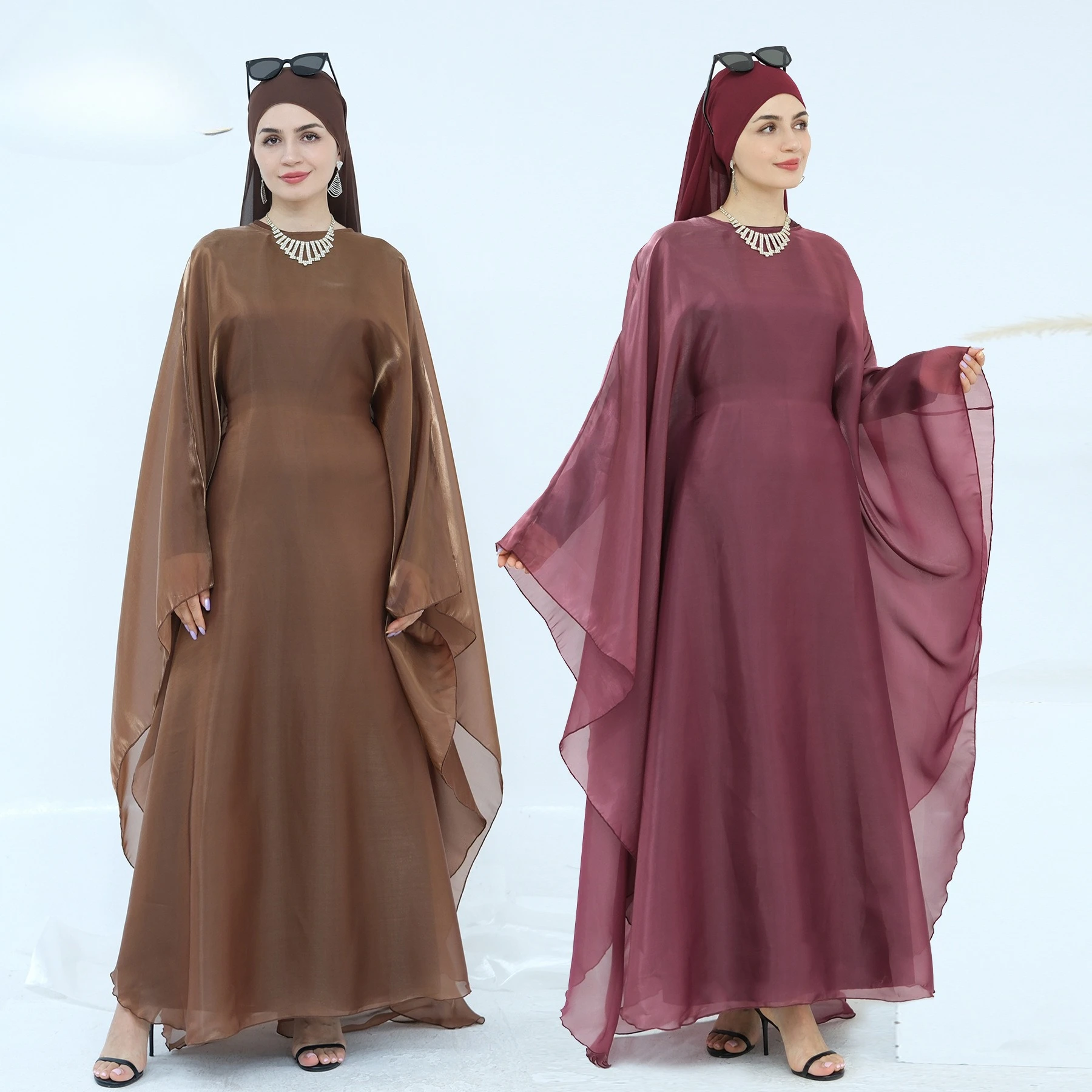 Zweiteiliges Set für Damen, Abaya + Hijab-Set, modisch, Übergröße, langes Kleid, muslimische islamische Kleidung mit Innenkleid, Schal-Anzug