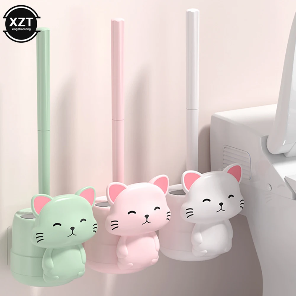 No Dead Angle Sanitary Brush Cute Cat Base Long Handle Squat Pit Cleaning Washing Toilet Artifact Toilet Brush Sets Wall-mounted