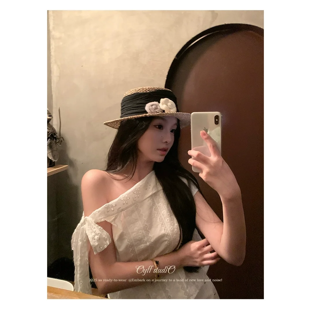 

Korejpaa Women Shirt Irregular Strap Slanted Shoulder Short Sleeved Lace Shirts Summer Slim Fit White Top Genlte Blusas Mujer