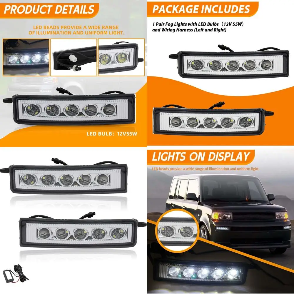 

2003-2007 Scion XB Clear Lens Front Fog Light Assembly, Pair with LED Bulbs 12V 55W & Wiring Harness