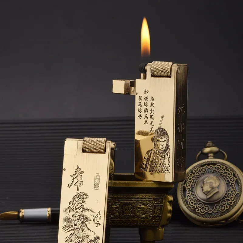 Unusual Brass Hand Carved Lighter Large Capacity Oil Tank Side Wall Roller Ignition Collection Lighters Smoking Gifts - Image 2