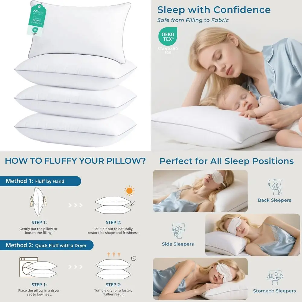 

Набор подушек Queen Size - 4 штуки для сна на боку, спиной и на животе - сертифицировано Oeko-Tex, плюшевая альтернатива пуху, гостиничное качество, Ma