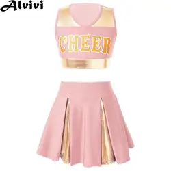 Kids Girls Cheerleading Dance Clothes Sleeveless Letter Print Crop Top with Skirt Dancewear for Sports Meeting Stage Performance