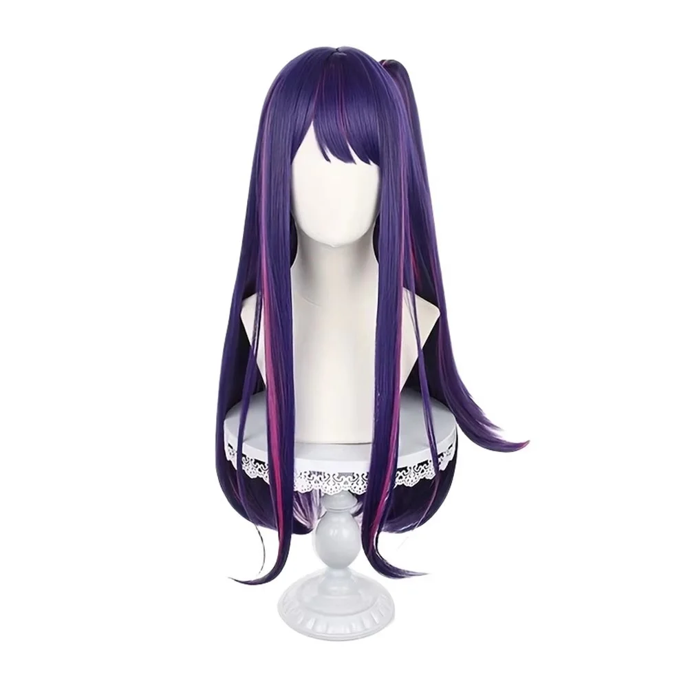 Anime Cosplay Wig Dark Purple Long Hair Pink Streak Side Ponytail Bangs Synthetic Heat Resistant Wig For Women Game Role Play