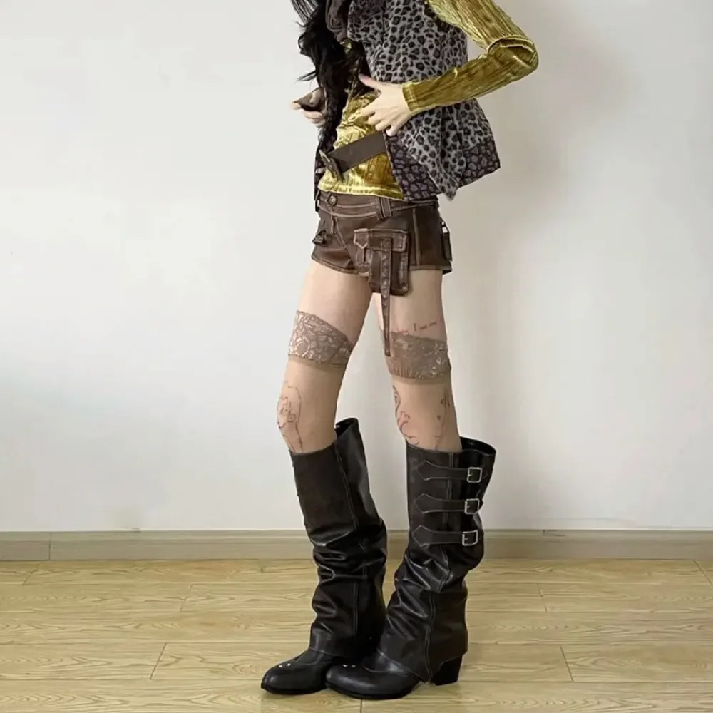 Nuevo estilo Wasteland de alta calidad Vintage y2k botas hasta la rodilla desmontables barril Maillard pantalón bota de pierna zapatos negros para mujer