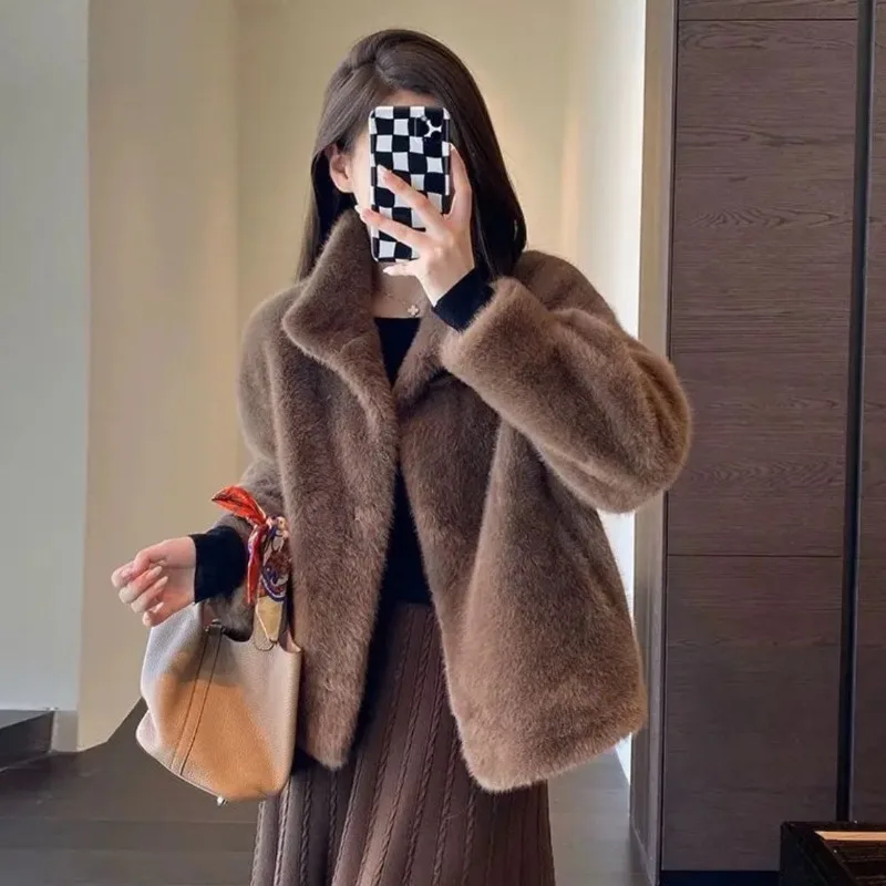 Cappotto in pelliccia sintetica Pelliccia integrata Colletto rialzato Cardigan corto ecologico Cappotto invernale da donna Abbigliamento femminile