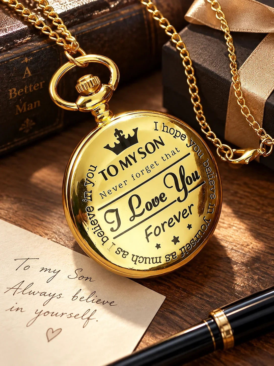 To My Son Engraved Gold Pocket Watch Quartz Flip Pocket Watch Necklace Chain Gift