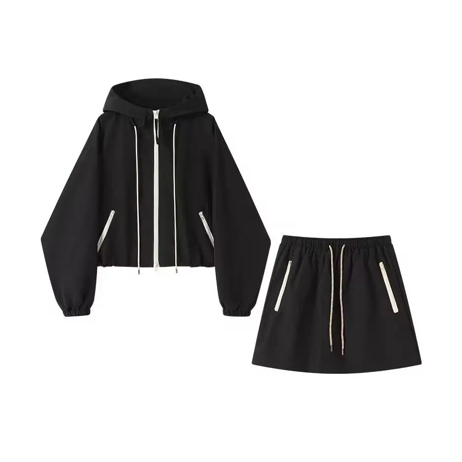 

Комплект из двух предметов: повседневная куртка на молнии с капюшоном и короткая юбка для женщин больших размеров, осенний корейский модный стиль, свободный крой, эффект похудения