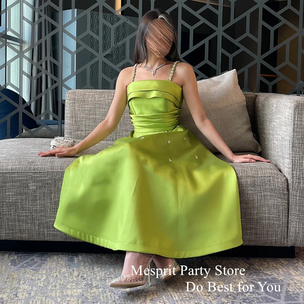 Sexy Apple Green Cocktail Dress Spaghetti Straps Crystals Pleat A Line Satin Prom Gown Tea Length Satin Short Party Dresses