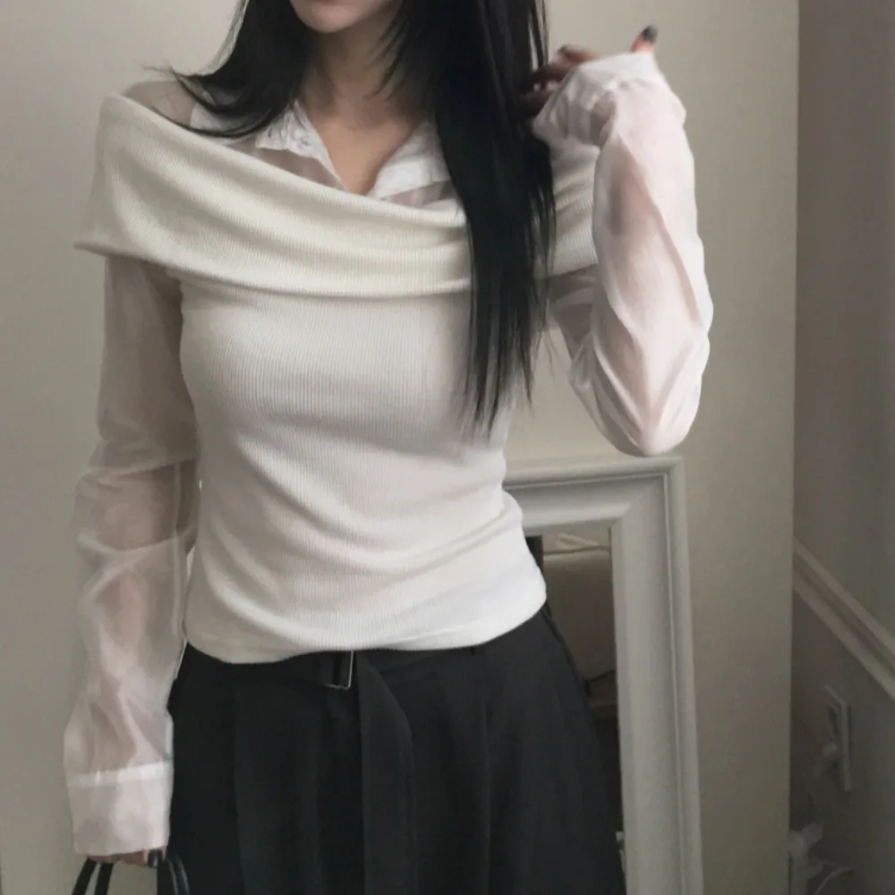 

Chic Spring oulder Bared Knitted Splice Long Sve Women's irt Slim Fit Design False Two-Piece Sle Korean Commute Faion