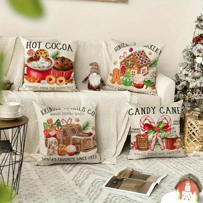 4pcs, Gingerbread Candy Ice Cream Cake Christmas Pillow Cover, 18X18 Inches, Seasonal Rural Holiday Winter Pillow Cover
