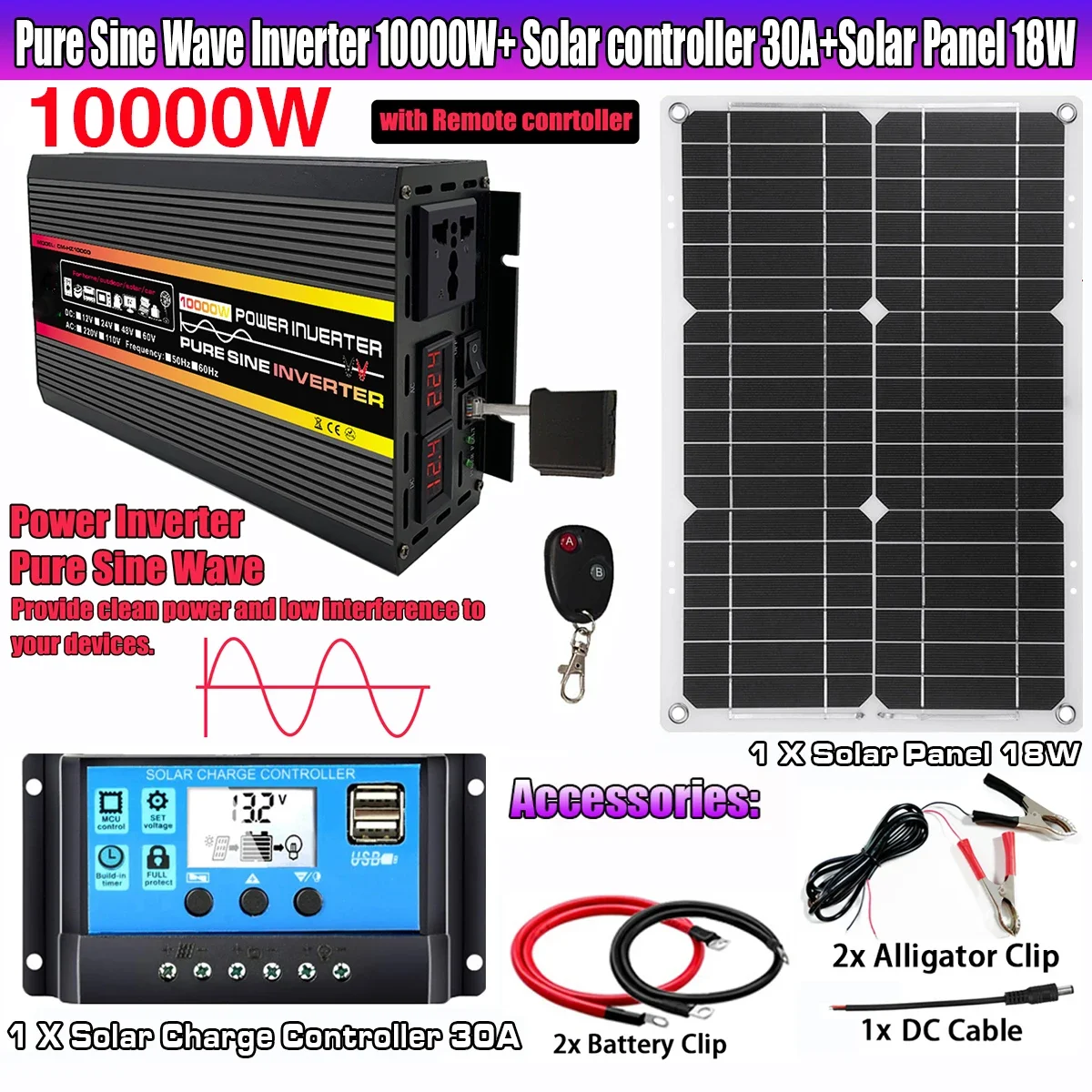 Imagem -06 - Painel Solar Power System Kit Inversor de Energia Senoidal Pura para rv Reboque de Viagem Van Camper 12000w 12v a 110v 220v