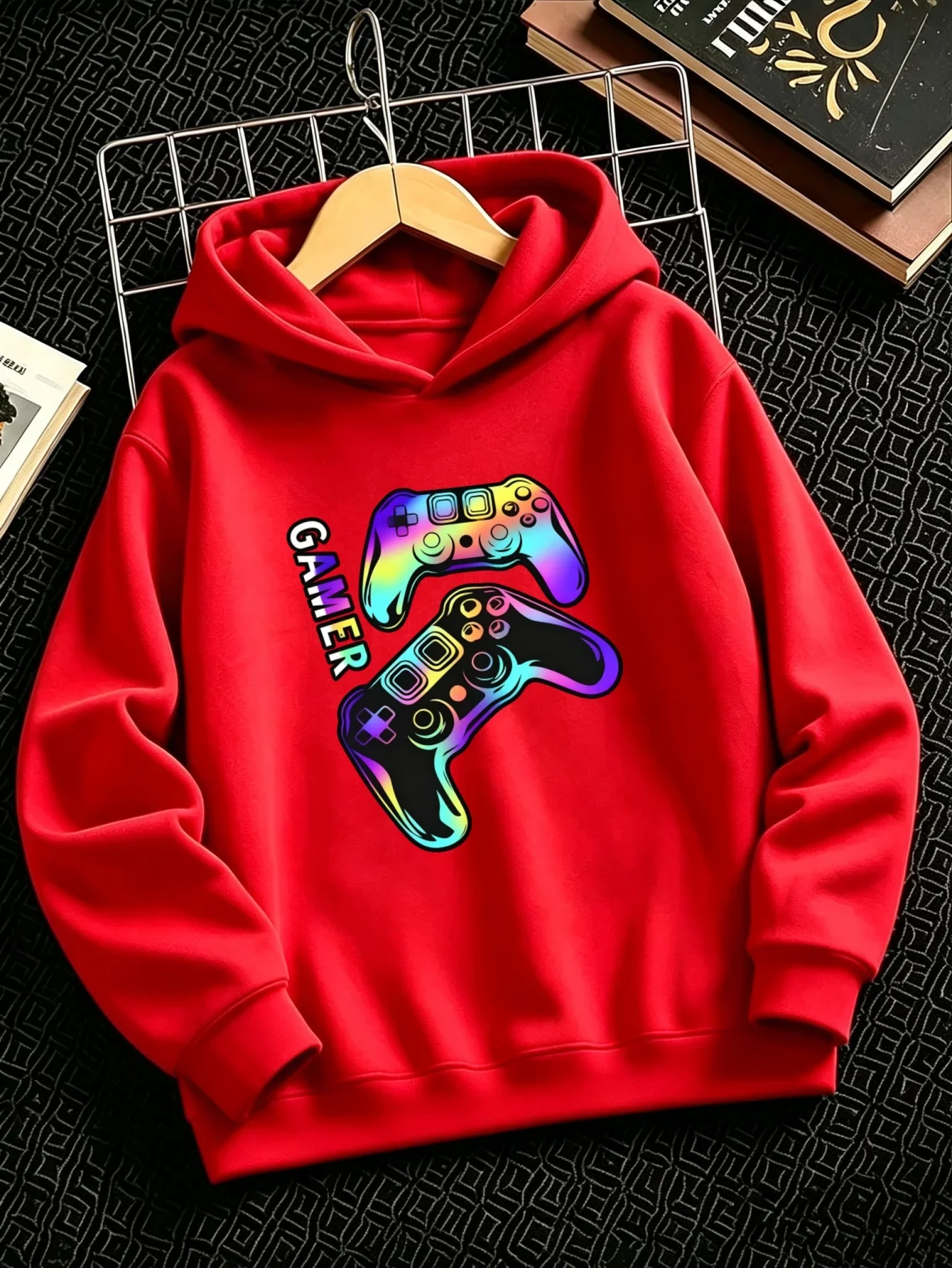 Boys Girls Casual Hoodie Neon Rainbow Gamepad Graphic Print Soft Comfortable Fashion Hooded Pullover
