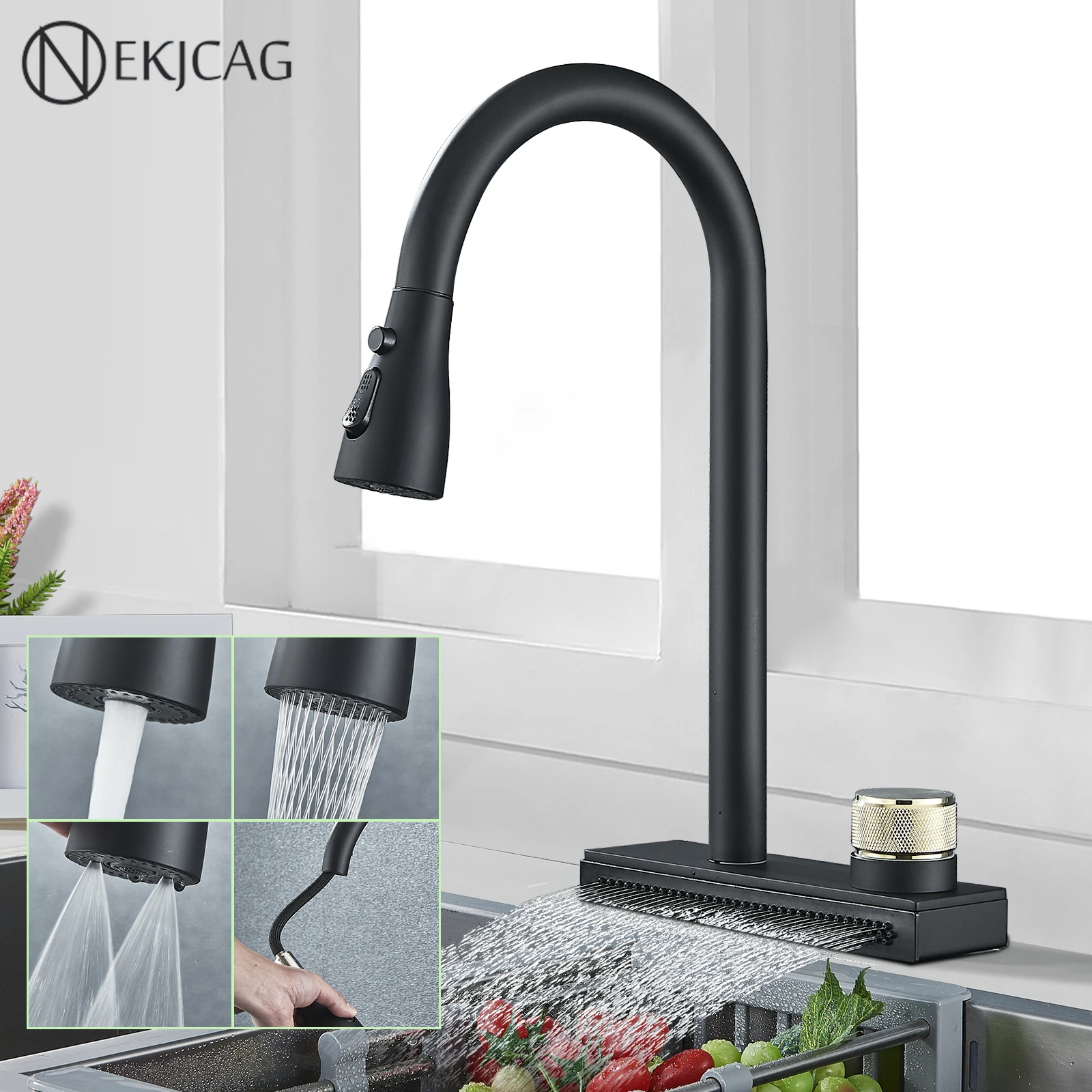 Gourmet Kitchen Faucet Flexible Pull Out 3 Nozzle outlet Black Rotatable Rain Waterfall Sink Mixer Tap Cold and Hot Mixing Crane