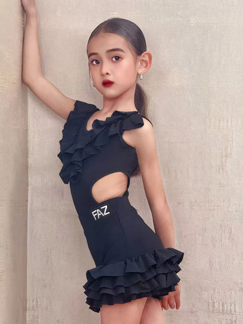 Dziecięce dziewczęce stroje do tańca latynoskiego bez rękawów, z falbankami, drążone fałdy, sukienka do tańca Samba Rumba praktyka konkursowy kostium taneczny