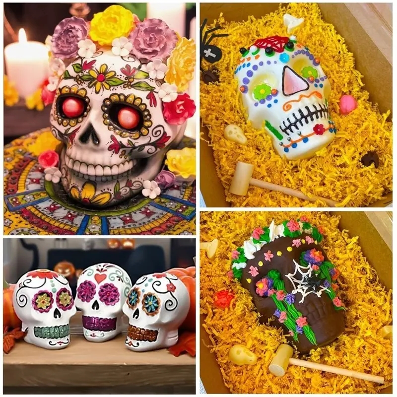 ABUN Large Skull Cake Pan Haunted Skull Baking Cake Mold for Halloween Birthday Party Black Silicone