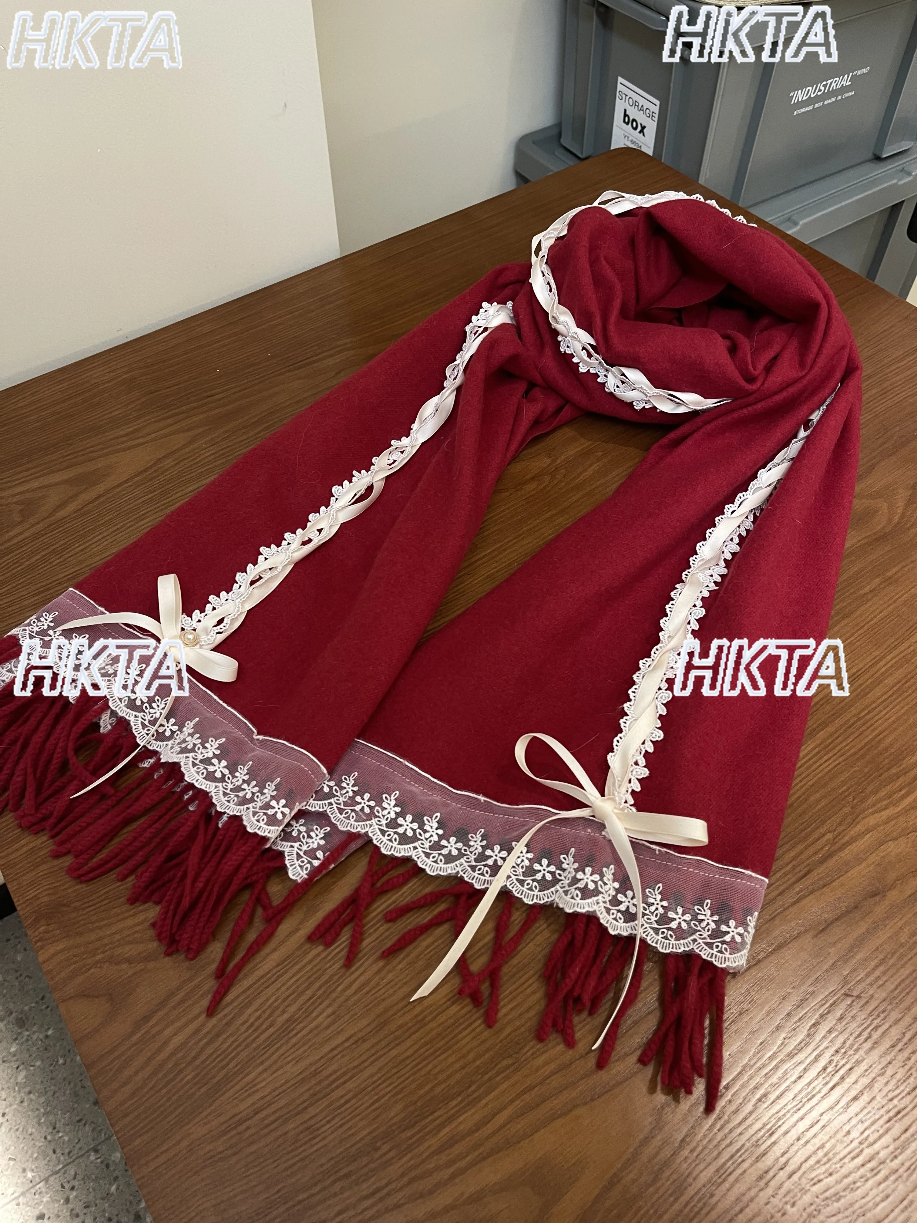 لطيف الرجعية الشريط الأوشحة النساء الدافئة جديد الشتاء وشاح للرقبة مع شرابات القوس هدية عيد ميلاد للفتيات لوليتا الكشمير وشاح شال #5