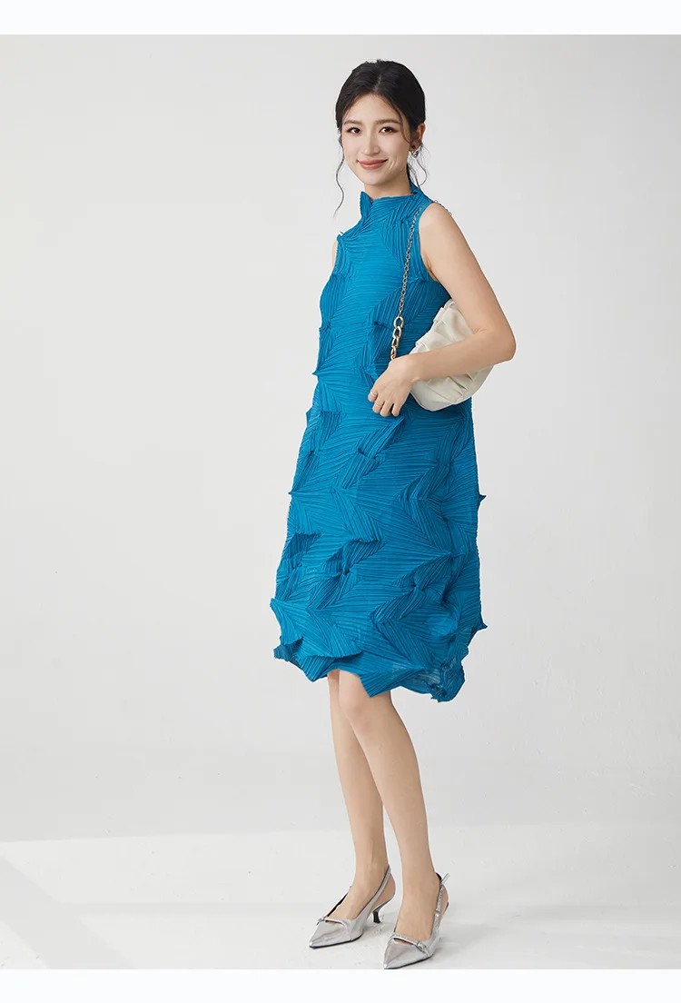 Miyake Plissierter Einfarbiger Rock 2025 Sommer Neues Kleid Elegantes Ärmelloses Loses Vielseitiges Midikleid – Detail 18