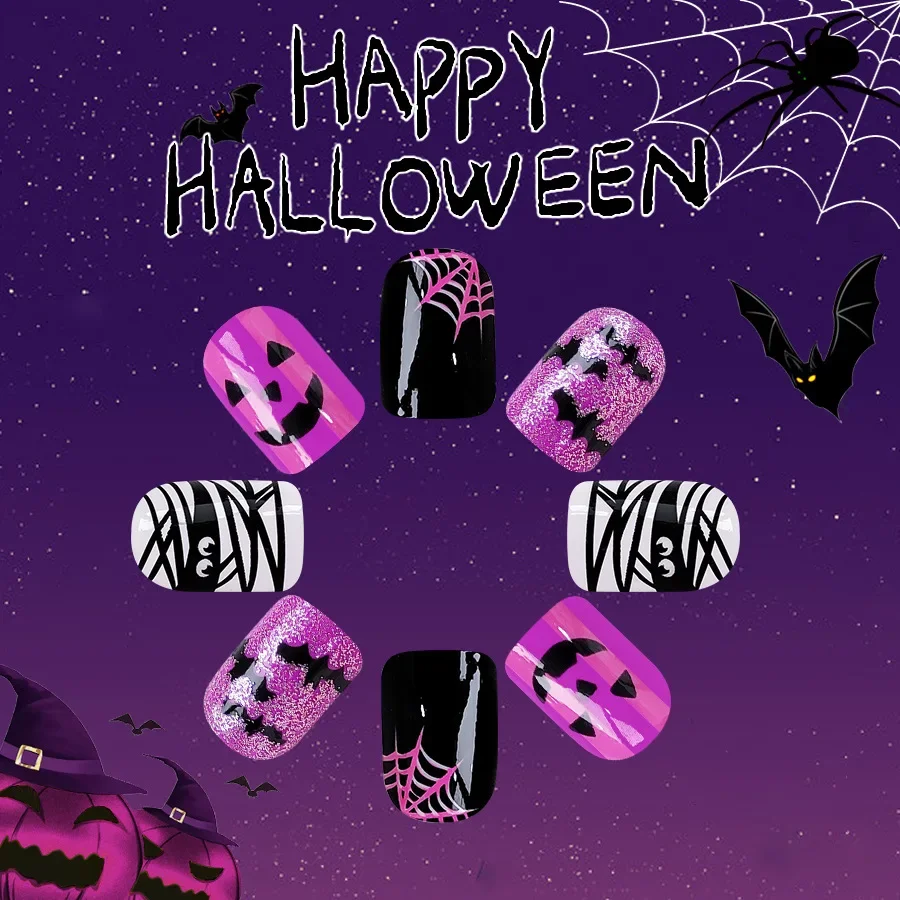 Envolturas de uñas para Halloween, 24 piezas, acabado brillante con lindos fantasmas, murciélagos, telarañas y detalles de purpurina para manicura festiva escalofriante