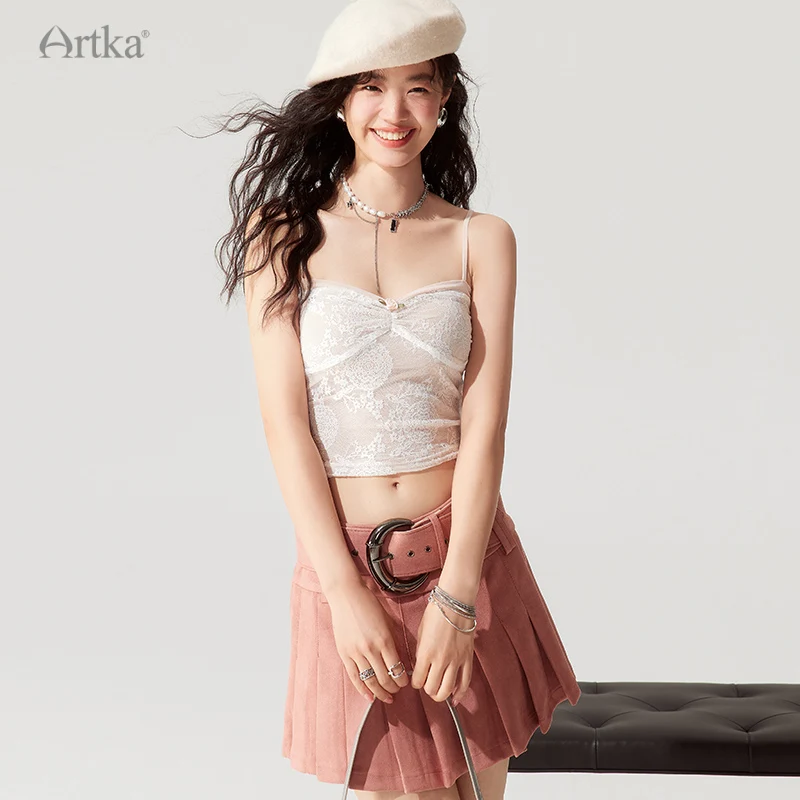 ARTKA 2023 Early Autumn New Women Tops Elegant Sexy High Elastic Lace Embroidery Camisole Sleeveless Short Mesh Top BA92231Q