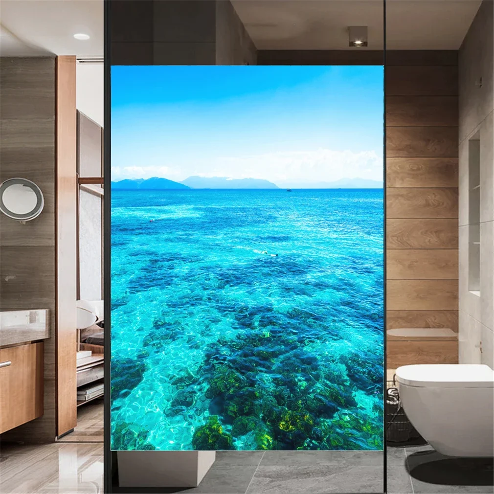 Static Cling Privacy Window Film   Decorative Seaside Scenery Window Treatments Window Coverings Glass Sticker for Home 38