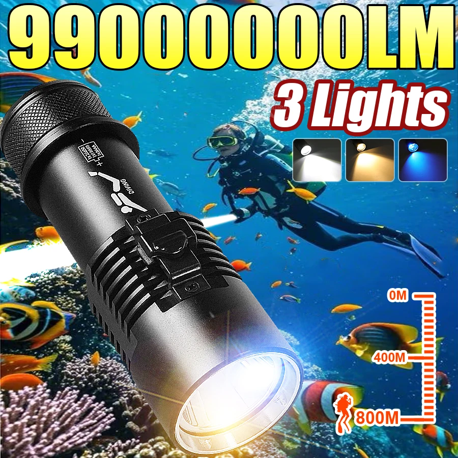 

Professional Diving 99000000LM LED Diving Flashlight Super Bright IPX8 Waterproof Torch Underwater 800M Hunting Fishing Lanterns