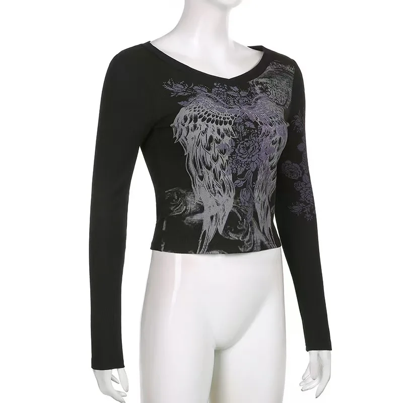 여성용 깃털 날개 프린트 라인스톤 V넥 긴팔 티셔츠 우아한 코튼 슬림핏 크롭탑 풀오버 아메리칸 핫티