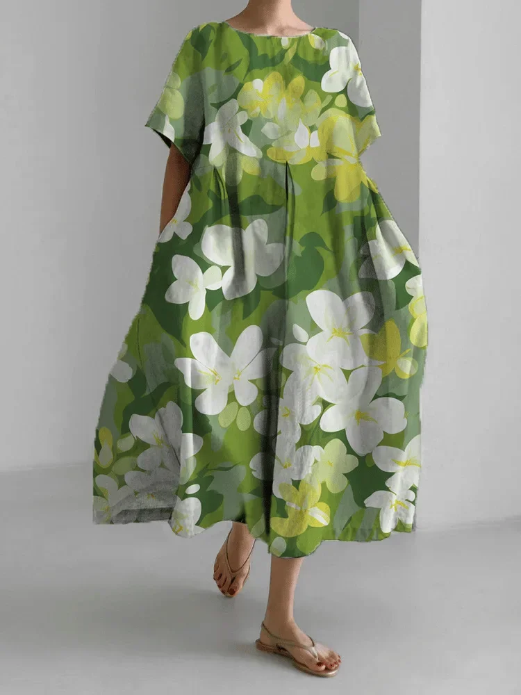 

Fashion Lady Short Sleeve Big Swing Loose Maxi Dress Retro Women Flower Printing Pocket Dress O Neck Party Dressess Elegant Robe