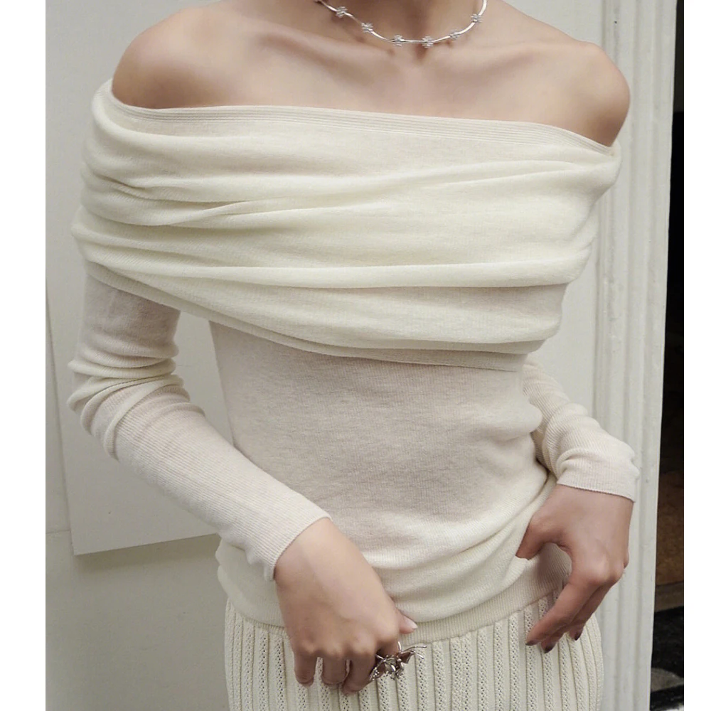 2024 Women Wool Blending Sweater Basic Sexy Off The Shoulder Long Sleeve Pullovers Clothes Tops For Women Sweater Pull Femme