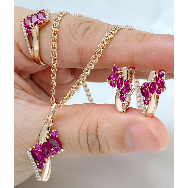 Kinel 585 rosa ouro cor étnica vintage feminino 3 pçs conjuntos de jóias brilhante vermelho natural zircão anel brincos colar jóias diárias