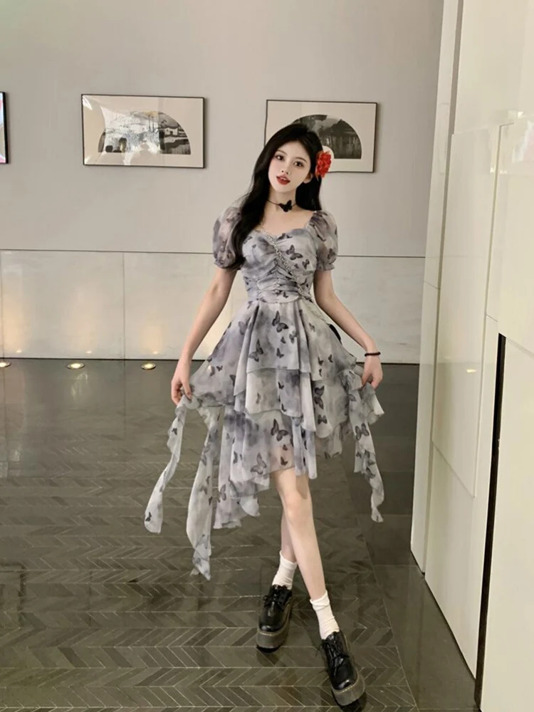 

Square Collar Printed Dress Women's Summer Puff Sleeve Wear Irregular Chiffon