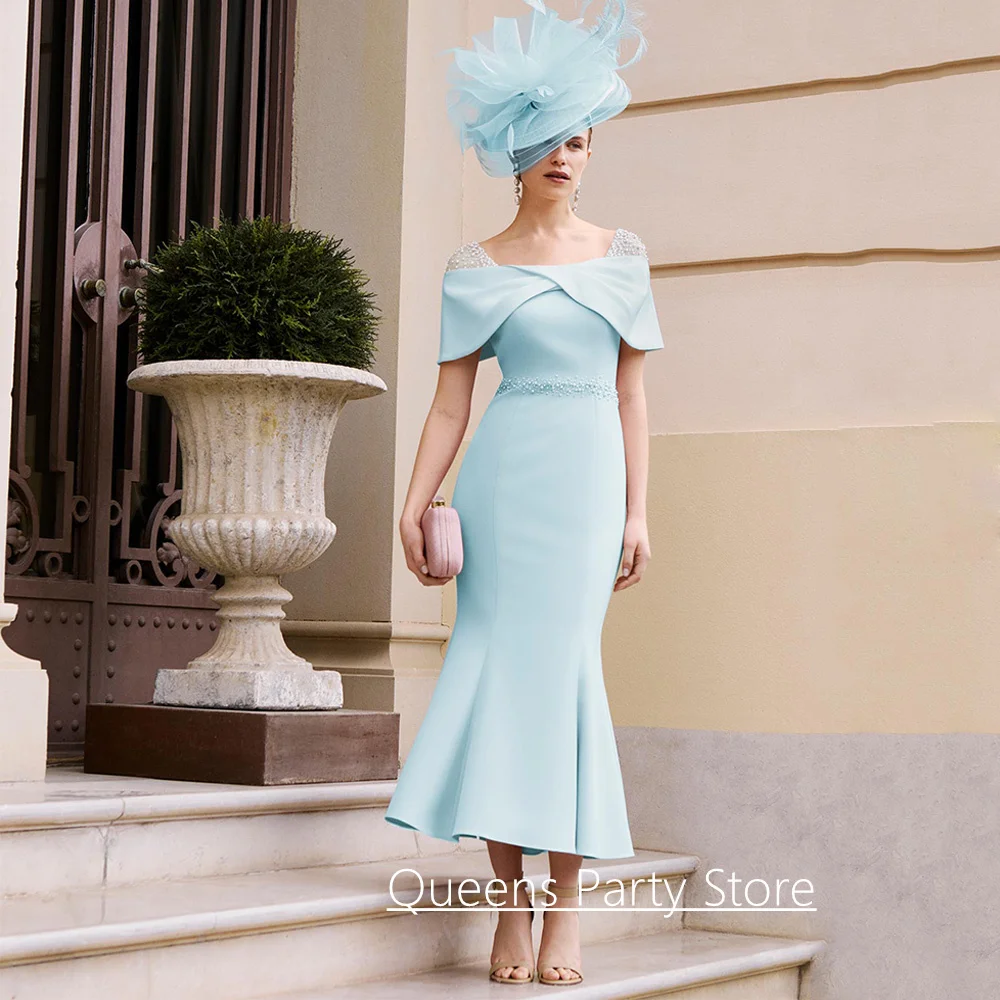Hot Selling Wedding Party Dress Customized Off The Shoulder Pearls Tea Length Mermaid Mother of The Bride Gown Cocktail Dresses
