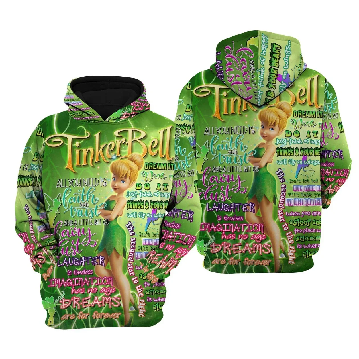 2024 Disney Tinker Bell Punk Words Pattern Hoodie Men Women\'s Tinker Bell Florals Hoodie 3D Zip Hoodie Fashion Ladies Sweatshirt