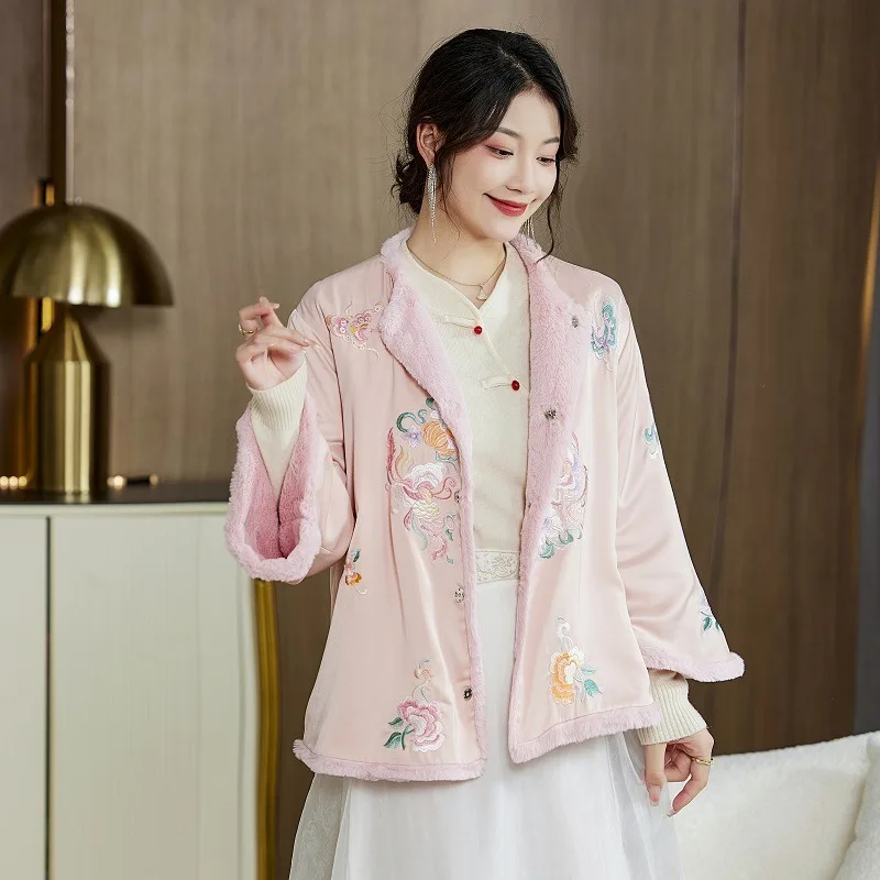 Autumn and Winter New Chinese Style Flower Embroidery Women's Cotton-Padded Jacket with Acetate Satin on Both Sides