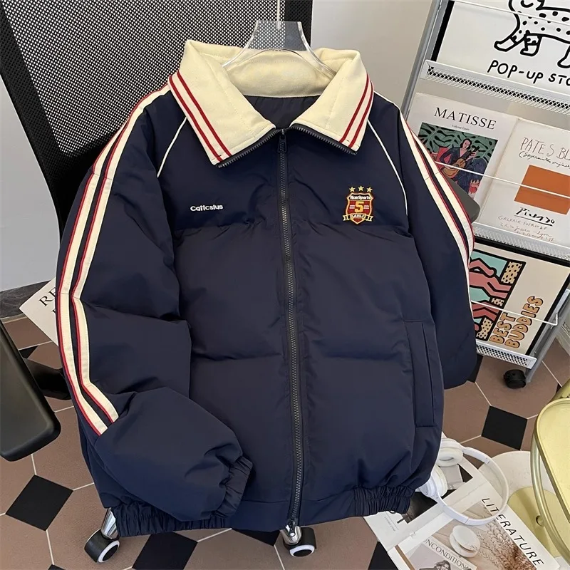 Fugu Academy style spliced contrasting color cotton jacket for men's new winter thick and warm loose cotton jacket